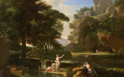 A classical landscape painting depicts figures by a stream, with one gazing into the water, perhaps inspired by the myth of Narcissus.
