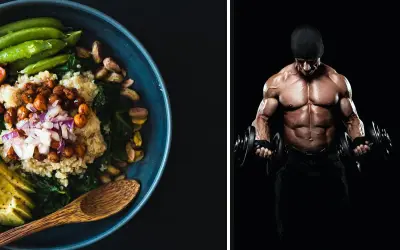 Gesunder Quinoa-Salat und ein Mann mit beeindruckender Muskelmasse, der Hanteln stemmt.