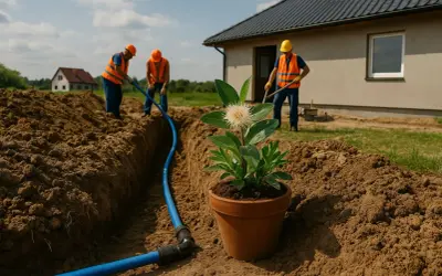 Pracownicy realizują projekt przyłącza wody, kopiąc rów, w którym układana jest niebieska rura. W tle dom i kwitnąca roślina w doniczce.