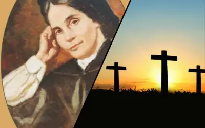 Wanda Malczewska, wizjonerka, której przepowiednie dla Polski niosą nadzieję i ostrzeżenie. Trzy krzyże na tle zachodzącego słońca symbolizują trudną drogę narodu.