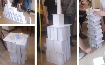 Klasa 4 buduje wieże z papieru. Zabawy integracyjne rozwijają kreatywność i współpracę.