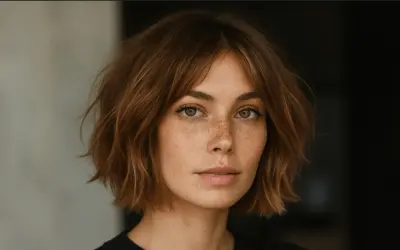 Mujer con pecas y un corte de pelo estilo "italian bob" despeinado, con tonos castaños.