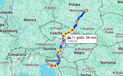 Trasa z Warszawy przez Czechy, Austrię i Słowenię do Włoch. Podróż trwa 11 godz. 58 min, dystans 1188 km.