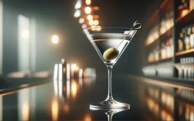 Klasyczny martini co to? Elegancki kieliszek z oliwką na tle rozświetlonego baru.