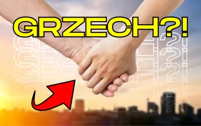 Dwie dłonie splecione, nad nimi napis "GRZECH?!". Czy seks po ślubie to grzech? Czerwona strzałka wskazuje na pytanie.