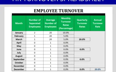 Foglio di calcolo per il turnover del personale. Mostra un esempio di calcolo turnover mensile, trimestrale e annuale.