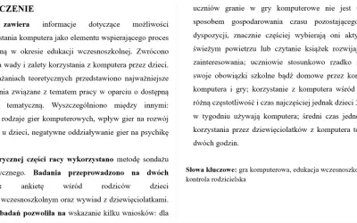 Streszczenie pracy o grach komputerowych i edukacji wczesnoszkolnej. Jak napisać streszczenie? Analiza wpływu gier na dzieci i kontrola rodzicielska.