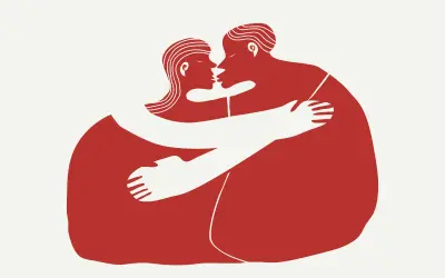 Dwie postacie w czerwieni obejmują się czule. Ilustracja podkreśla potrzebę przytulania u dorosłych, symbolizując bliskość i wsparcie.
