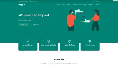A simple one page website template with a "Welcome to Impact" header, navigation, and feature cards.