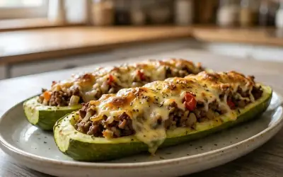 Deux courgettes farcies au bœuf et au fromage gratiné, prêtes à être dégustées. Un plat savoureux et réconfortant.