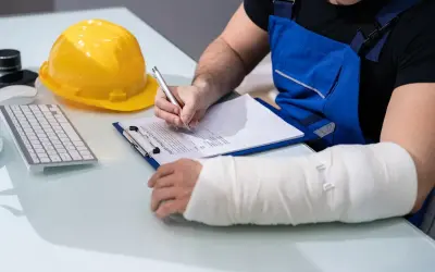 Pracownik z ręką w gipsie wypełnia dokumenty. Może to być formularz do ZUS odszkodowania, gdzie cennik i tabela pomogą w ustaleniu kwoty.