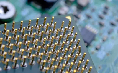 Złote piny procesora, symbolizujące potencjalny odzysk złota z elektroniki.