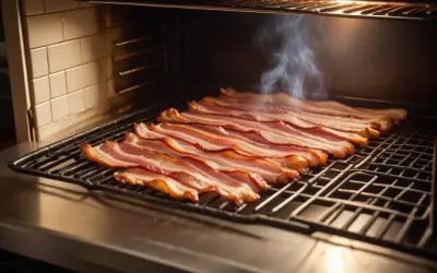 Rader av perfekt tillagad bacon i ugn, med en lätt ånga som stiger upp.