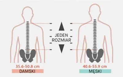 Ilustracja pokazuje, jak dobrać plecak do wzrostu, porównując wymiary tułowia damskiego (35.6-50.8 cm) i męskiego (40.6-55.9 cm).