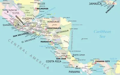 Gdzie leży Belize? Na mapie widoczna jest Ameryka Środkowa z zaznaczonymi krajami, w tym Belize, położonym między Meksykiem a Gwatemalą.