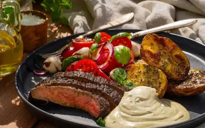 Skivad flapsteak marinad med rostade potatishalvor, tomatsallad och krämig sås.