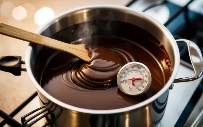 Smält choklad i kastrull med termometer. En träsked rör om den blanka, flytande chokladen. Perfekt för att temperera choklad.