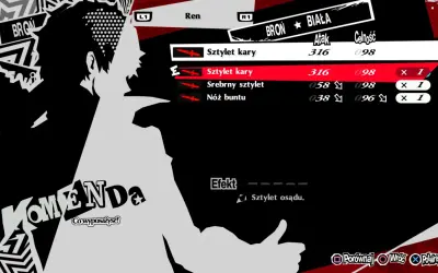Menu ekwipunku w Persona 5 Royal spolszczenie. Ren wybiera broń, widoczne statystyki i przedmioty.