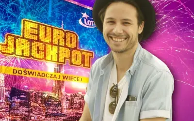 Uśmiechnięty mężczyzna na tle logo Eurojackpot. Jego historia to przestroga: prawdziwa historia polaka który wygrał w eurojackpot i stracił wszystko w rok.
