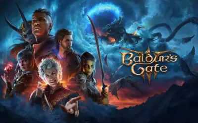 Złowieszczy smok i grupa bohaterów, w tym **Baldur's Gate 3 towarzysze**, szykują się do walki na tle burzowego nieba.
