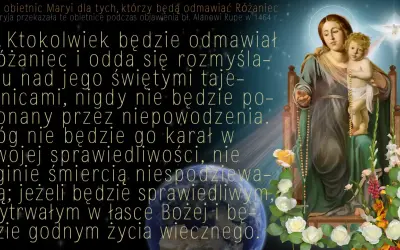 Matka Boża z Dzieciątkiem, z różańcem w dłoniach, symbolizująca modlitwę fatimską i obietnicę życia wiecznego.