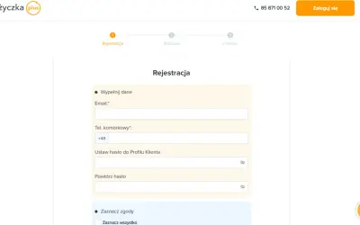 Formularz rejestracyjny Pożyczka Plus. Uzupełnij dane, aby zalogować się do swojego profilu.