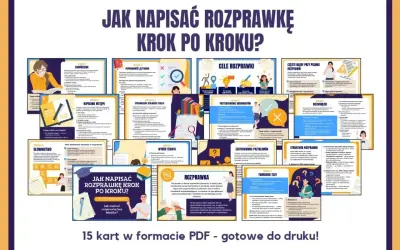 Zbiór 15 kart PDF "Jak napisać rozprawkę krok po kroku?". Pomoc w pisaniu rozprawki maturalnej, od wyboru tematu po tworzenie tezy i argumentów.