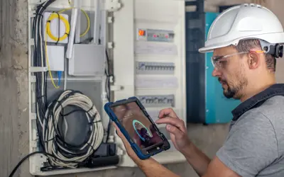 Elektryk w kasku i okularach ochronnych wykonuje przegląd instalacji elektrycznej, analizując dane na tablecie.