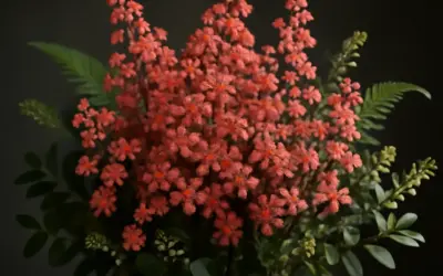 En bukett med små, korallfärgade blommor och gröna blad. Vissa sorter av alunrot är giftiga.