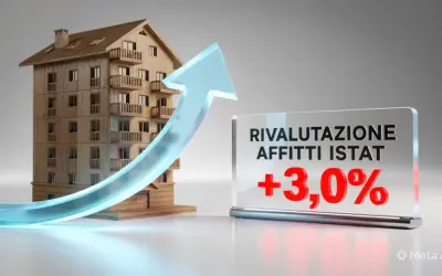 Modello di edificio con freccia blu verso l'alto. Cartello con "Rivalutazione affitti ISTAT +3,0%".