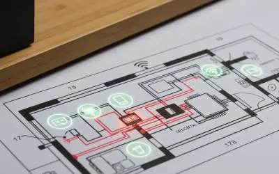 Schemat nowoczesnej instalacji elektrycznej z ikonami urządzeń i połączeń.