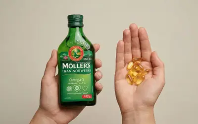 Dłoń trzyma butelkę Möller's Tran Norweski, a druga dłoń garść kapsułek z omega-3.