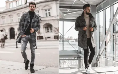 Męskie stylizacje z płaszczem: jakie buty do płaszcza męskiego? Zobacz inspiracje z czarnymi botkami i białymi sneakersami.