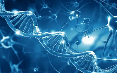 Błękitna, świecąca helisa DNA i neurony. Obraz symbolizuje badania nad chorobą Taya Sachsa i jej genetycznymi przyczynami.