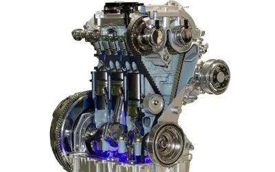 Przekrój silnika 1.0 Ecoboost z widocznym rozrządem. Sprawdź, jaki jest koszt wymiany rozrządu w tym modelu.