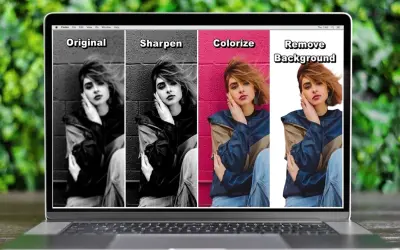 Laptop z programem do zdjęć pokazującym edycję: oryginalne, wyostrzone, pokolorowane i z usuniętym tłem.