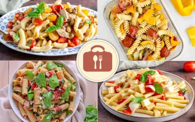 Quattro idee per 12 primi piatti freddi: pasta con tonno e pomodorini, insalata di pasta con verdure, pasta con rucola e pomodoro, e pasta con mozzarella e pomodorini.