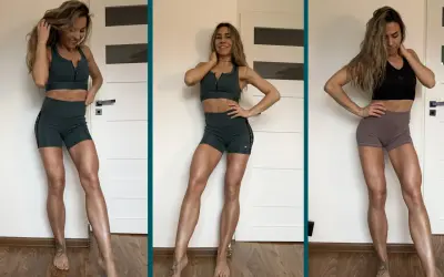 Kobieta w sportowym stroju prezentuje nogi po ćwiczeniach na cellulit. Widać efekty regularnych treningów.