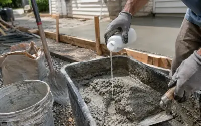 Rękawiczki i kielnia mieszają beton. Powstaje podjazd, który będzie wyglądał jak terazzo.