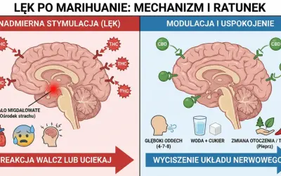 Przećpany mózg: THC nadmiernie stymuluje ciało migdałowate, wywołując lęk. CBD, oddech, woda z cukrem i zmiana otoczenia pomagają wyciszyć układ nerwowy.