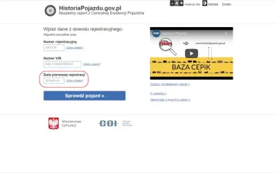 Pole "Data pierwszej rejestracji" w dowodzie pojazdu. Wpisz datę w formacie dd.mm.rrrr.