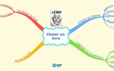 Carte mentale pour une bonne idée lecture : feuilleter, lire le résumé, regarder la couverture, choisir un thème (aventure, pirate, animaux, enquête).