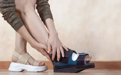 Kobieta zakłada buty po operacji haluksa. Jedna stopa w sandałku, druga w bucie ortopedycznym.