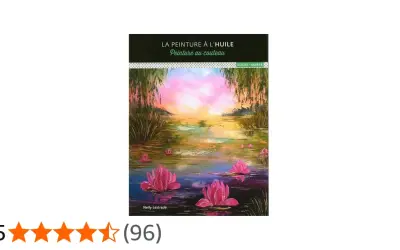 Tableau de Nelly Lestrade, une peinture au couteau huile d'un coucher de soleil sur un étang aux nénuphars roses.