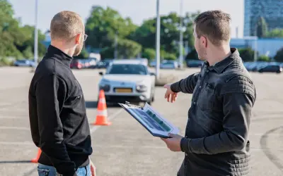 Instruktor omawia z kursantem plan trasy, świętując jego pozytywny wynik egzaminu teoretycznego.