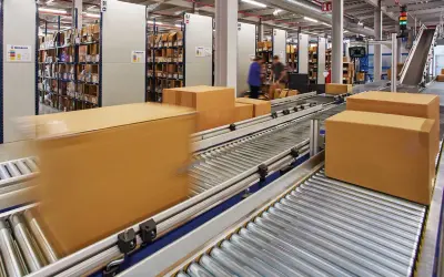 Pudełka na taśmie w magazynie, gotowe do wysyłki. W tle regały z towarem, sugerujące dużą liczbę zamówień i potencjalny **back order**.