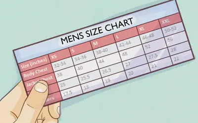 A hand holds a men's size chart, showing measurements for body chest and jacket chest, with a column for overarm measurement.