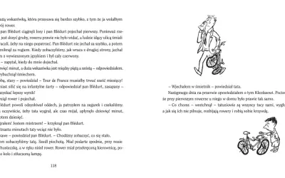 Pan Blédurt, autor Mikołajka, ściga się na rowerze. Dzieci obserwują jego wyczyn.