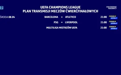 Plan transmisji meczów ćwierćfinałowych Ligi Mistrzów UEFA: Barcelona - Atletico, PSG - Liverpool.