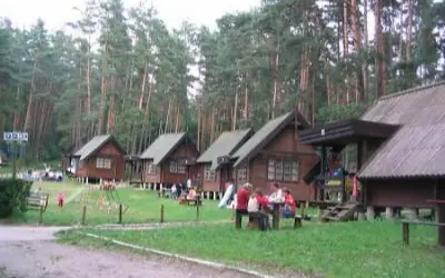 Drewniane domki letniskowe w lesie, plac zabaw i ludzie przy stołach. Stare jabłonki dodają uroku temu miejscu, oferując liczne atrakcje dla wypoczywających.